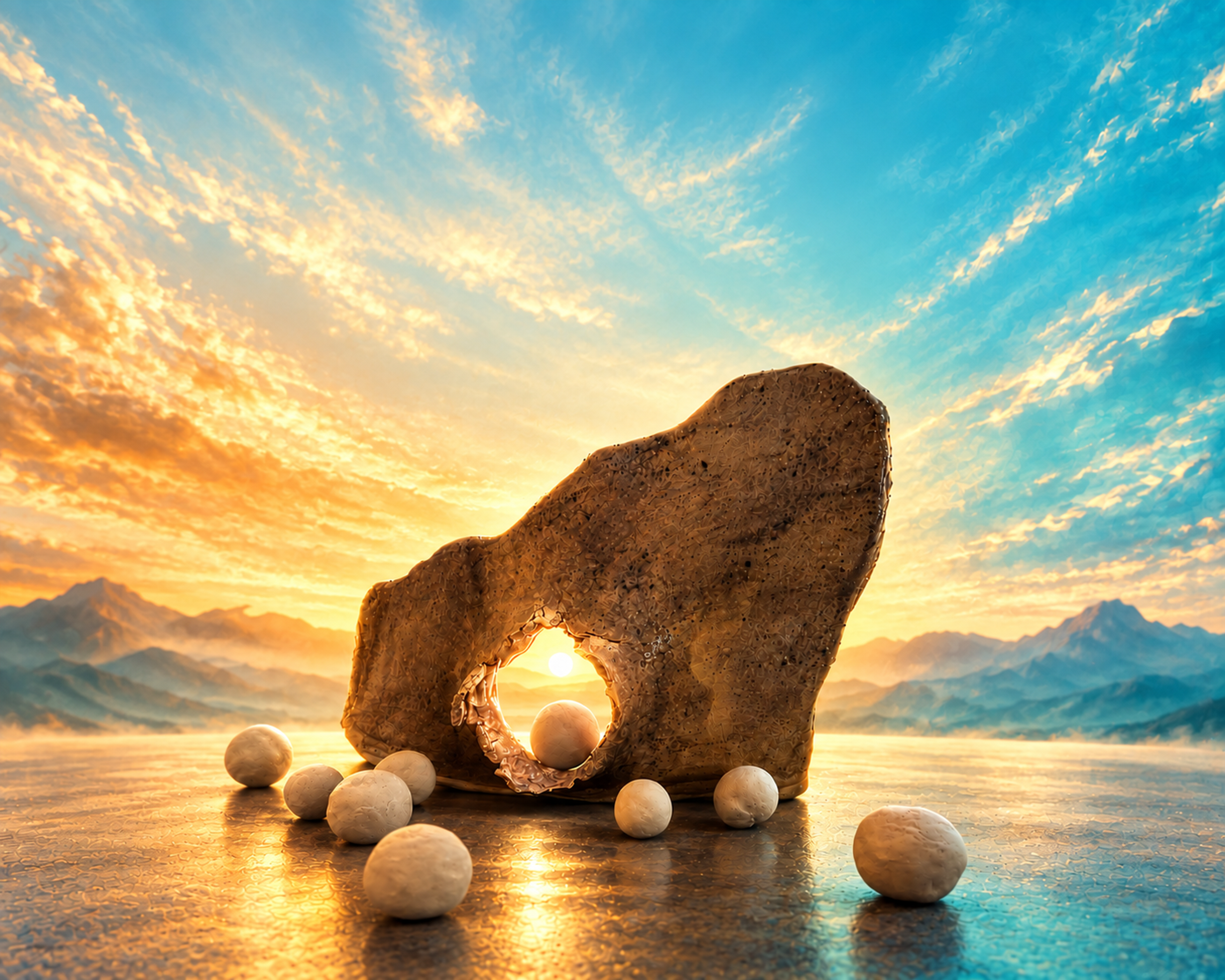 A sculptural stone portal with surrounding spheres in an amber and aquamarine field.