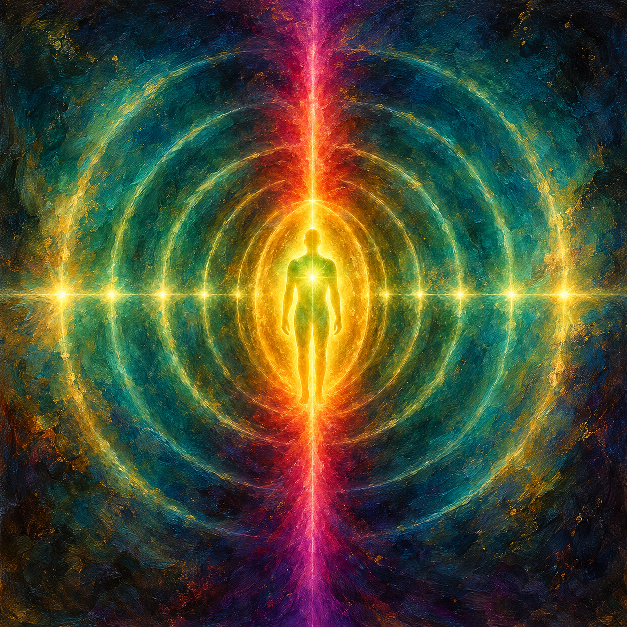A luminous figure centered within concentric teal light rings.