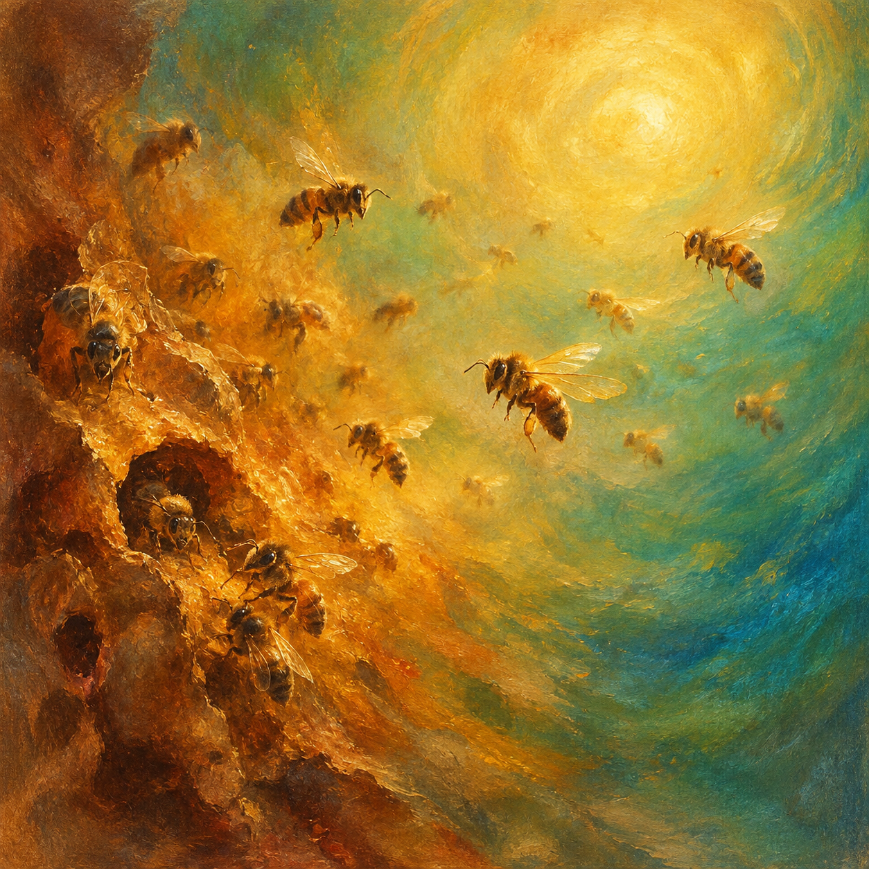 A warm painted field of bees moving through amber light.