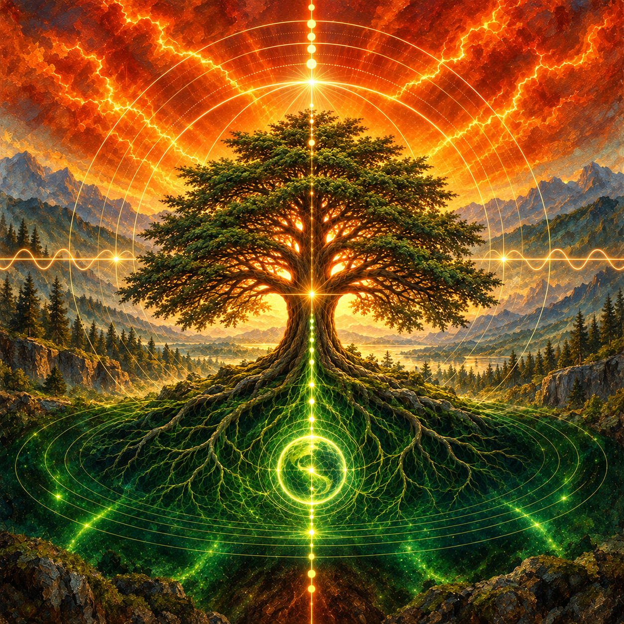 A rooted cedar joining a green earth field to a vivid orange sky.
