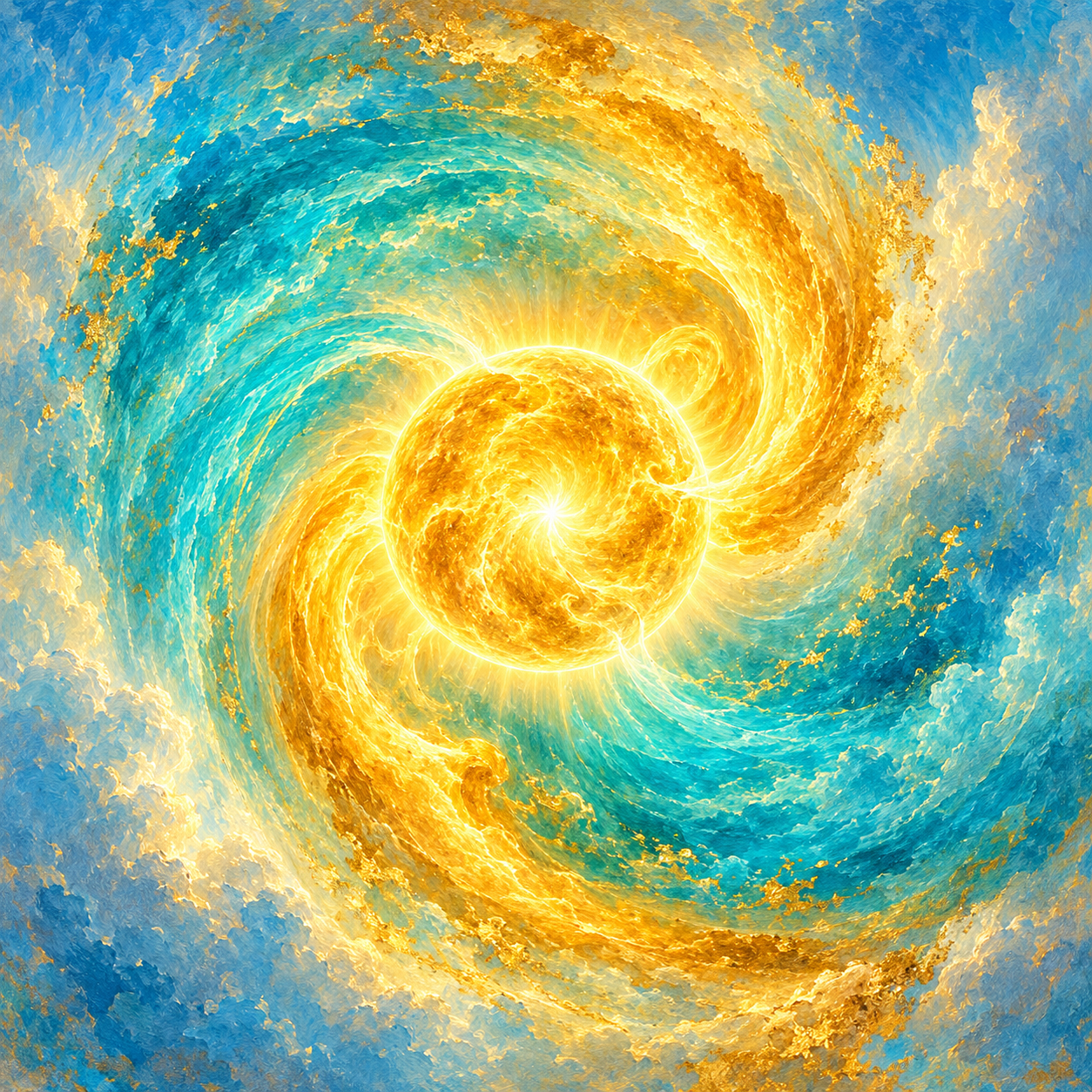 A painted golden solar vortex turning through an aquamarine sky.